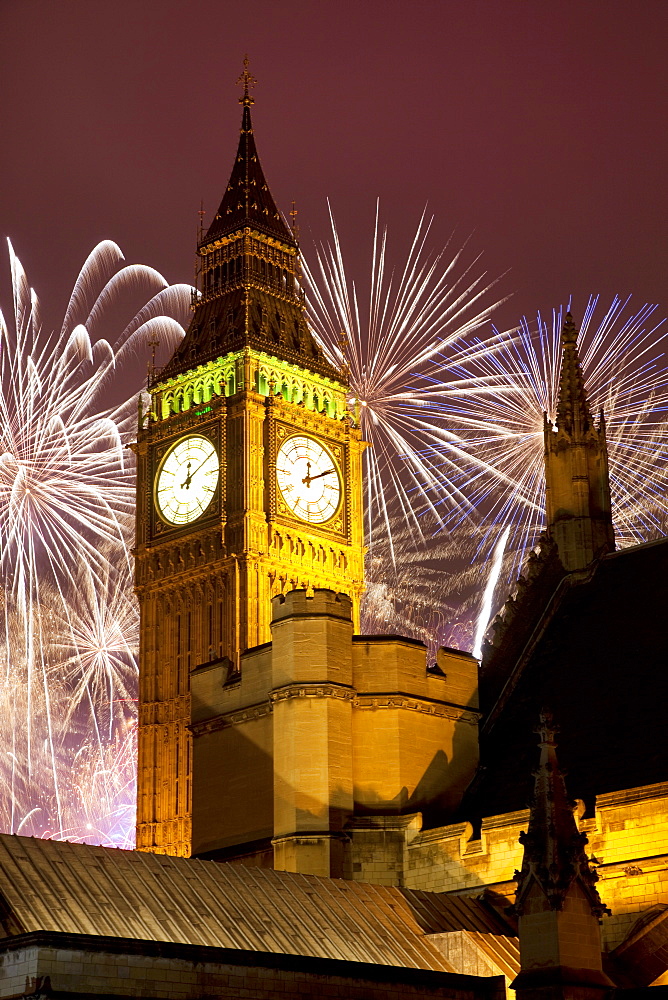 New Year fireworks and Big Ben, Houses of Parliament, Westminster, London, England, United Kingdom, Europe