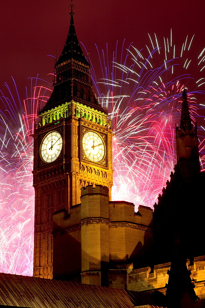 New Year fireworks and Big Ben, Houses of Parliament, Westminster, London, England, United Kingdom, Europe