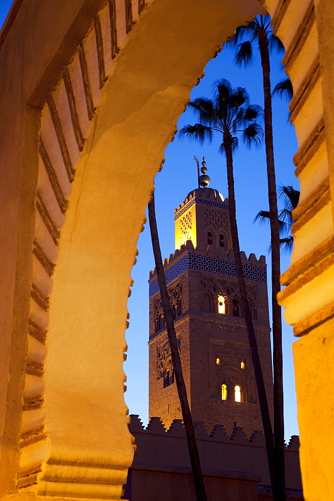 Minaret of the Koutoubia Mosque at dusk, Marrakesh, Morocco, North Africa, Africa