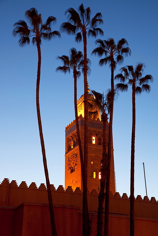 Minaret of the Koutoubia Mosque at dusk, Marrakesh, Morocco, North Africa, Africa