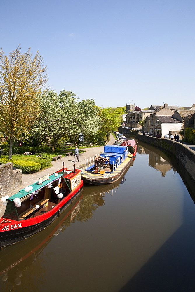 Canal boats on the Springs Branch at Skipton, North Yorkshire, England, United Kingdom, Europe