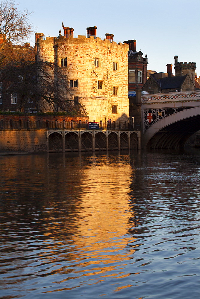 Lendal Tower and the River Ouse at sunset, York, Yorkshire, England, United Kingdom, Europe