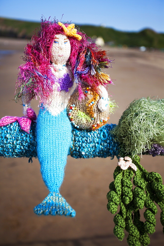 Saltburn Yarn Stormers knitted mermaid on the Pier at Saltburn by the Sea, Redcar and Cleveland, North Yorkshire, Yorkshire, England, United Kingdom, Europe