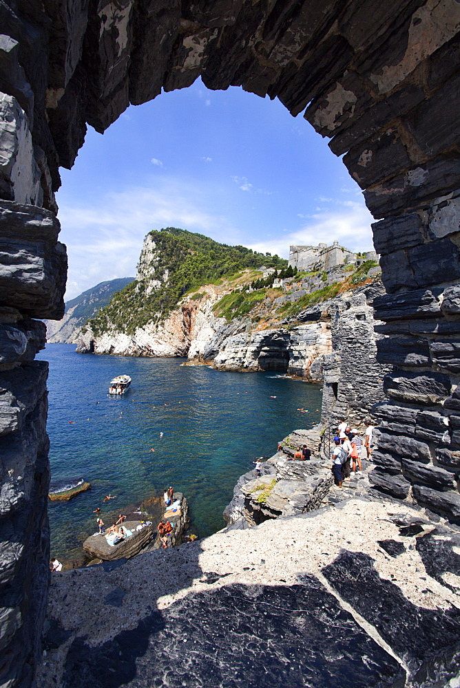 Window overlooking Byrons Grotto from the Church of St. Peter in Porto Venere, Cinque Terre, UNESCO World Heritage Site, Liguria, Italy, Mediterranean, Europe