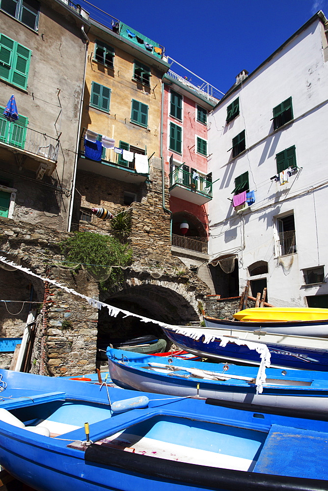 Boats at the Harbour in Riomaggiore, Cinque Terre, UNESCO World Heritage Site, Liguria, Italy, Europe 