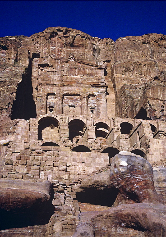 The Royal Urn Tomb carved out of the rock face in the ancient Nabataean city of Petra, UNESCO World Heritage Site, Jordan, Middle East