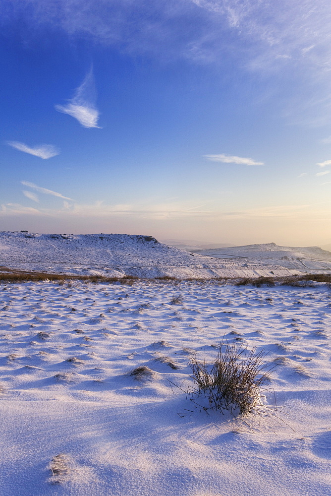 Late sunlight on the snow at Hathersage Moor, Derbyshire, England, United Kingdom, Europe