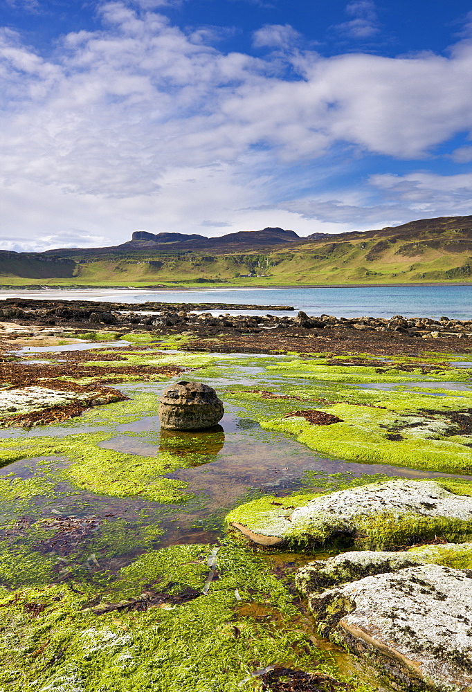 View across Laig Bay towards An Sgurr, Isle of Eigg, Inner Hebrides, Scotland, United Kingdom, Europe