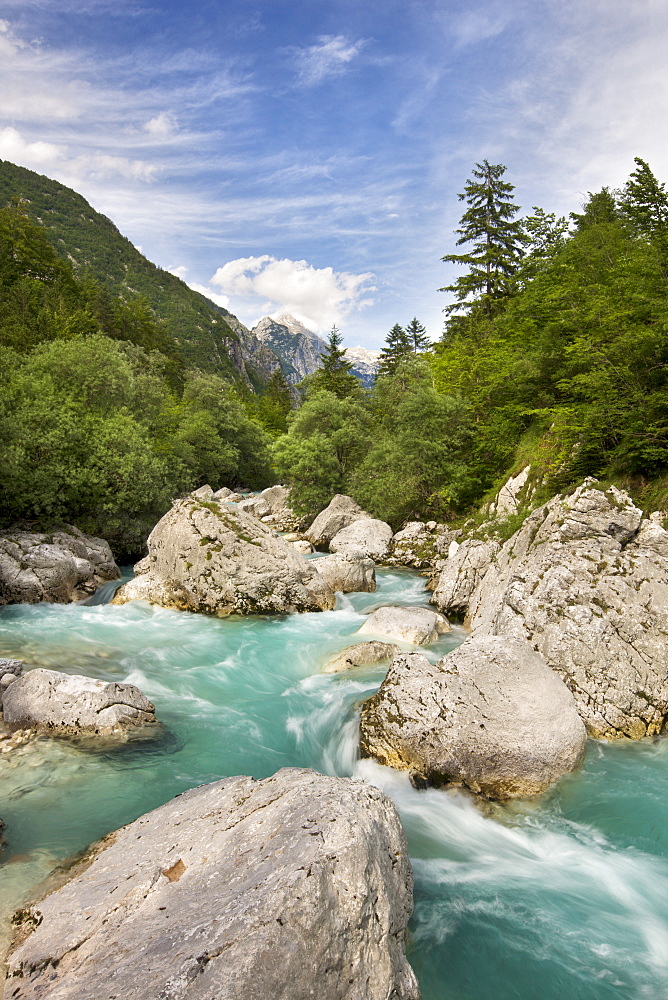 Fast flowing water of the Soca River, Gorenjska, Slovenia, Europe