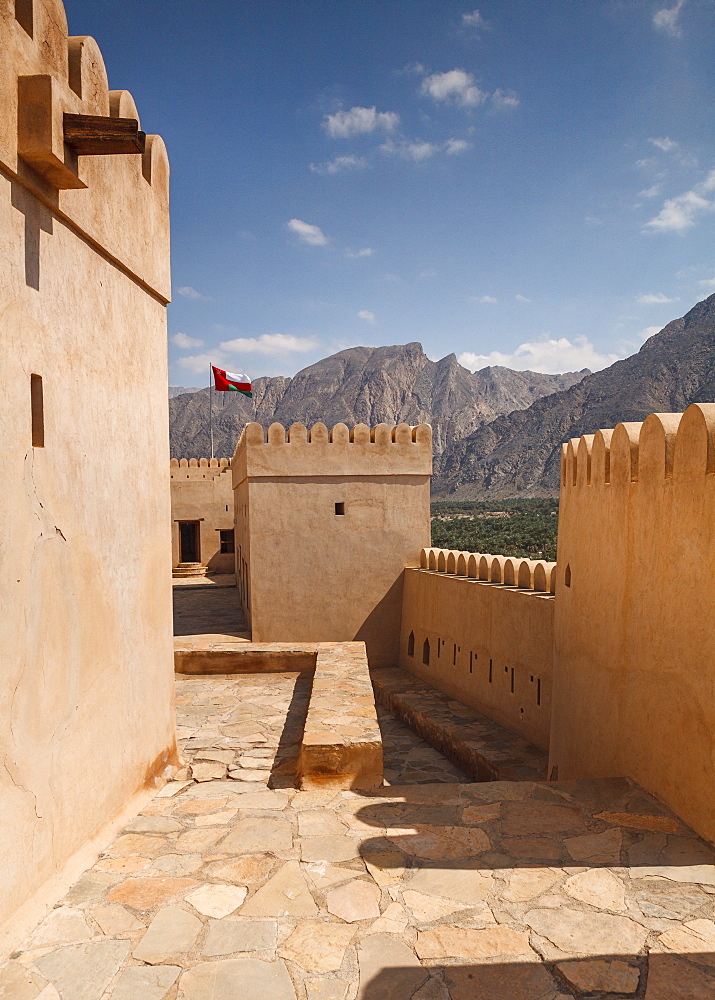 Inside the walls of the restored fort of Nakhal in the Western Hajar mountains of Oman, Middle East