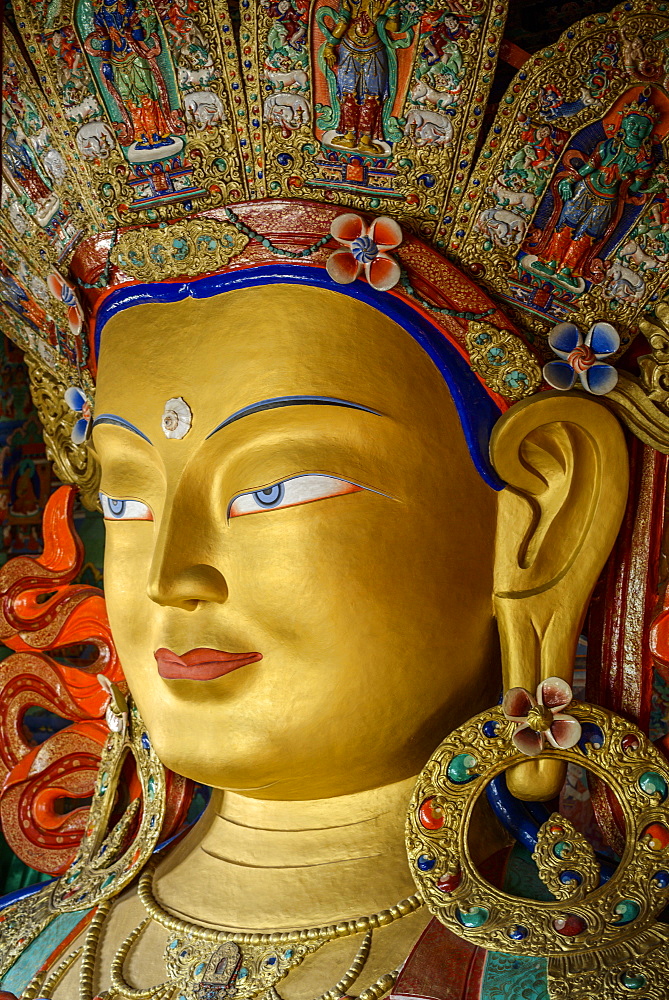 Detail of the statue of the Maitreya (future Buddha) installed to commemorate the visit of the 14th Dalai Lama to the monastery, Thiksey Gompa, Ladakh, Himalayas, India, Asia