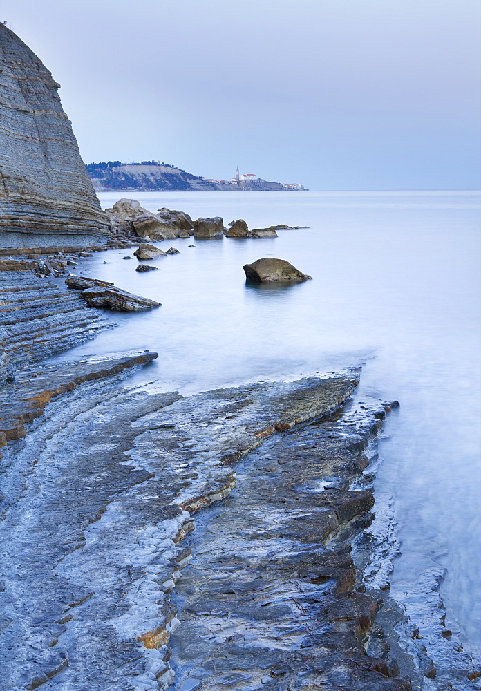 Piran at dawn from the cliffs at Strunjan, Slovenia, Europe