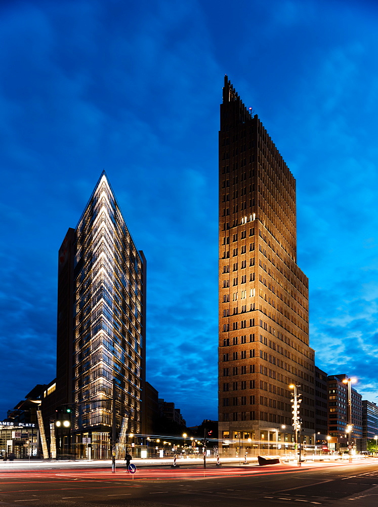 Exterior of Debis Tower and Kollhoff Tower at night, Potsdamer Platz, Berlin, Germany, Europe