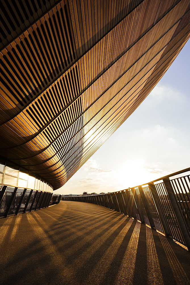 Evening light on exterior of The Velodrome, Queen Elizabeth Olympic Park, Stratford, London, England, United Kingdom, Europe