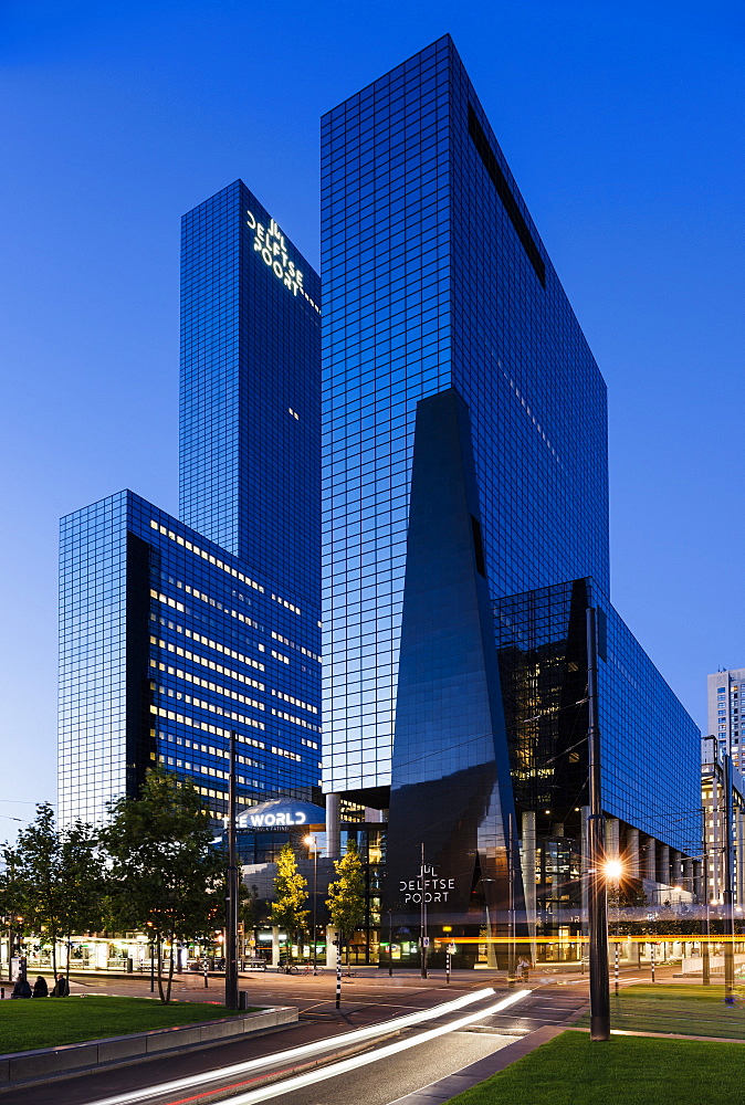 Exterior of Delftse Poort at night, Rotterdam, Netherlands, Europe