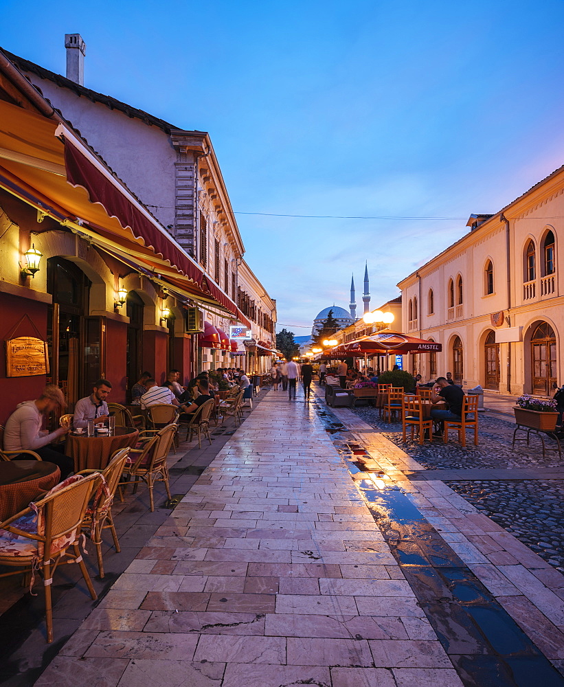 Rruga Kol Idromeno Street at night, Old Town, Shkodra, Albania, Europe