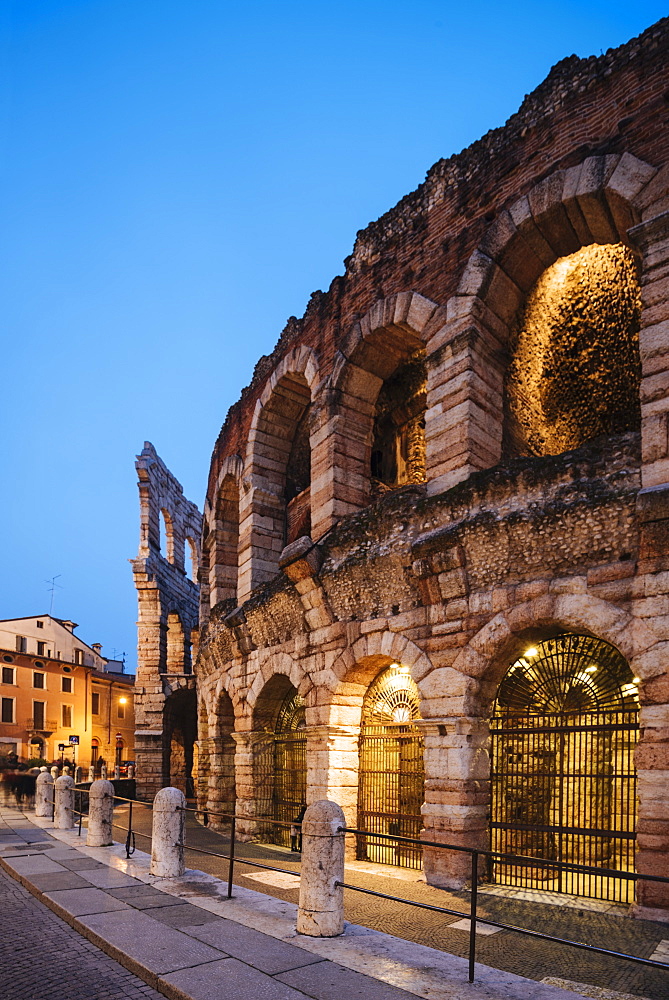 Piazza Bra and Roman Arena at night, Verona, Veneto Province, Italy, Europe