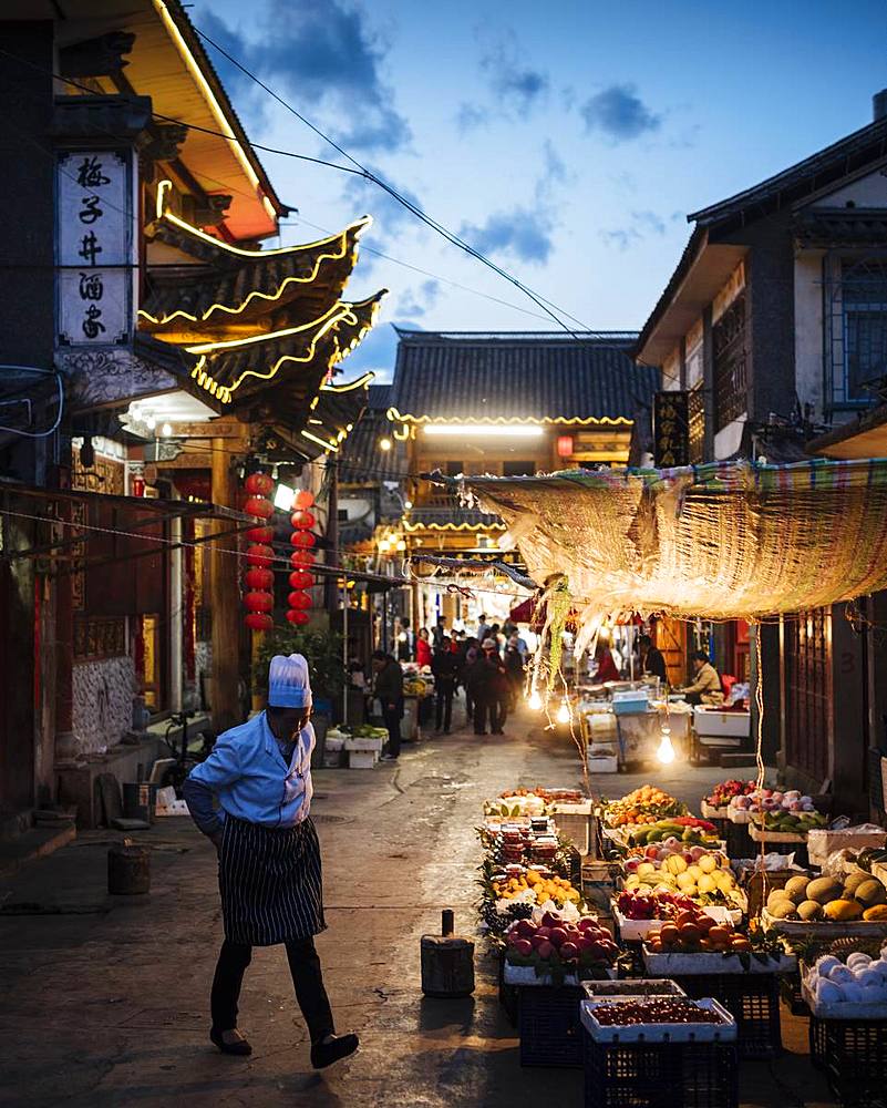 Street scene at night, Dali, Yunnan Province, China, Asia