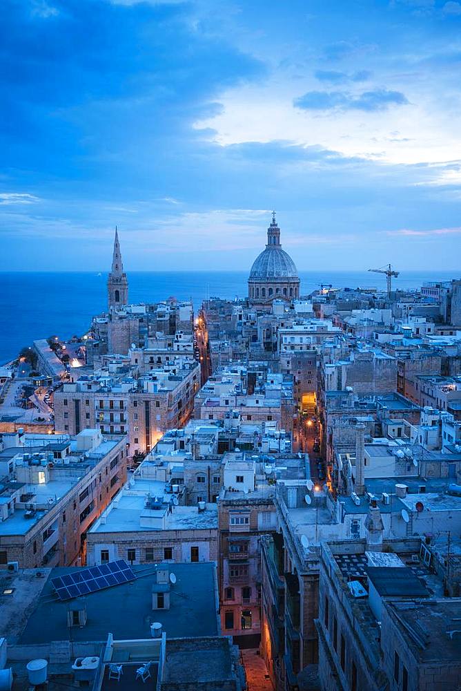 Aerial view of Valletta skyline at night, Valletta, Malta, Europe