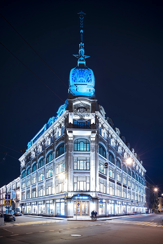 Au Pont Rouge Department Store at night, St. Petersburg, Leningrad Oblast, Russia, Europe