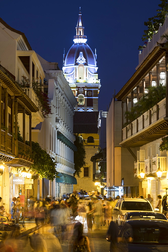 Colonial architecture at night, Old City, UNESCO World Heritage Site, Cartagena, Bolivar Department, Colombia, South America