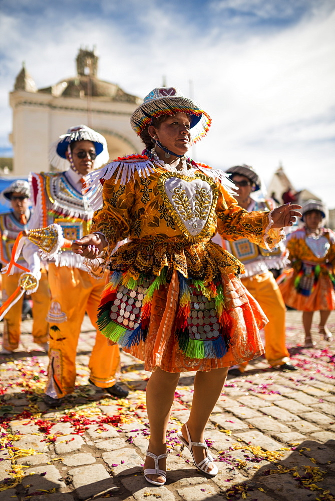 Dancers in traditional costume, Fiesta de la Virgen de la Candelaria, Copacabana, Lake Titicaca, Bolivia, South America