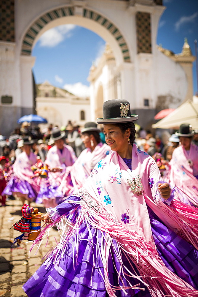 Dancers in traditional dress, Fiesta de la Virgen de la Candelaria, Copacabana, Lake Titicaca, Bolivia, South America