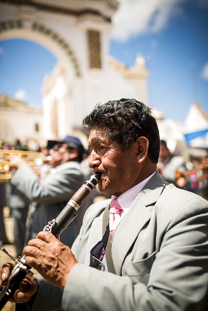 Musicians, Fiesta de la Virgen de la Candelaria, Copacabana, Lake Titicaca, Bolivia, South America