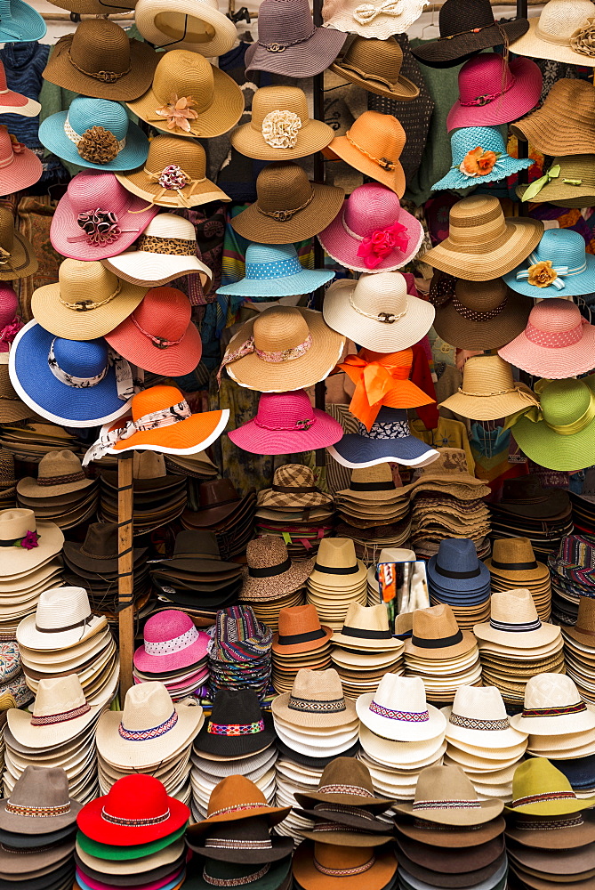 Hat stall, Pisac Textiles Market, Sacred Valley, Peru, South America