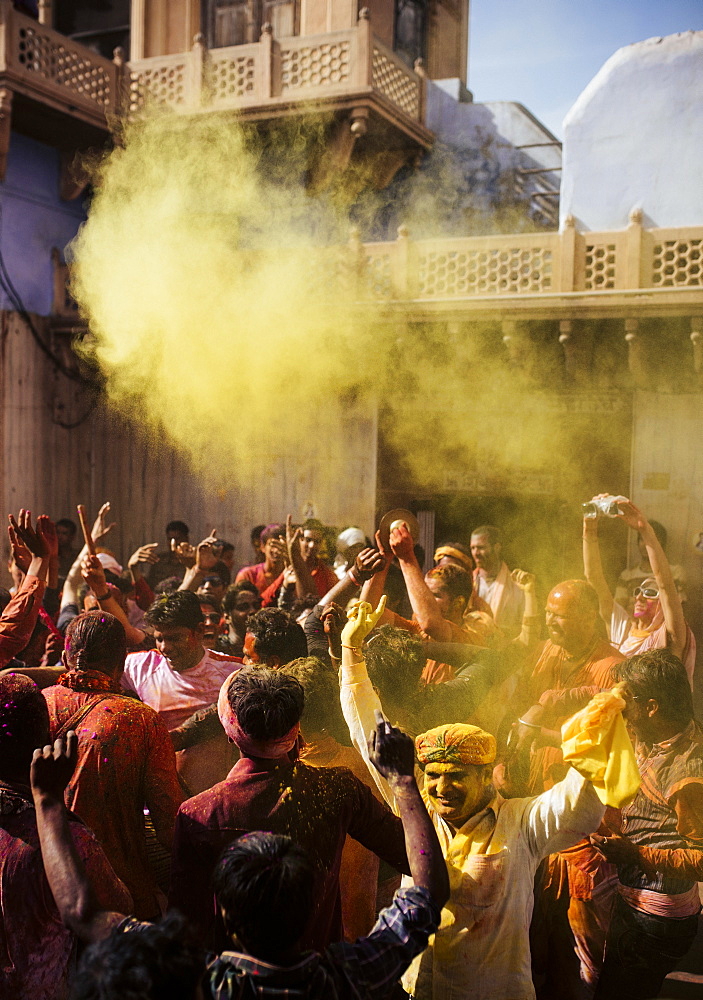 Lathmar Holi celebrations in Nand Rae Temple, Nandagaon, Braj, Uttar Pradesh, India, Asia