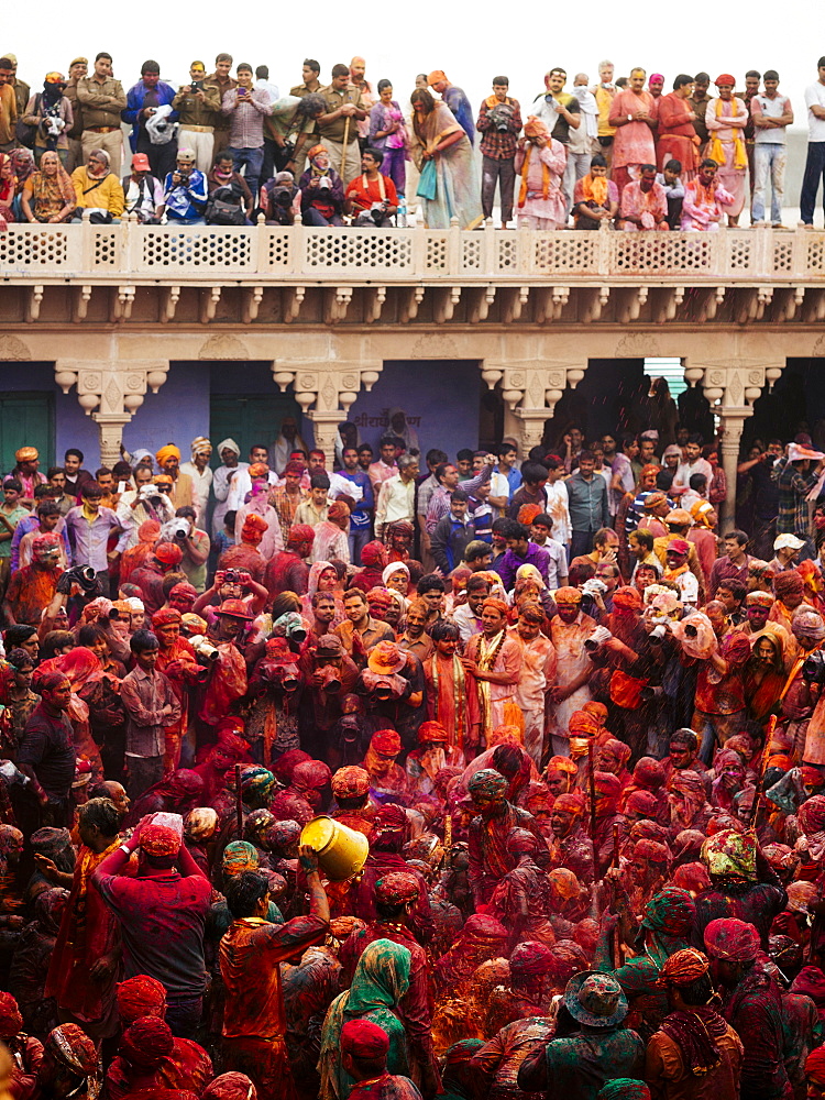 Lathmar Holi celebrations in Nand Rae Temple, Nandagaon, Braj, Uttar Pradesh, India, Asia