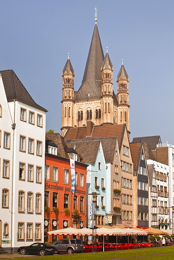 The tower of The Great Saint Martin church and the old town of Cologne, North Rhine-Westphalia, Germany, Europe 