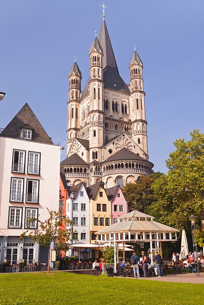 The tower of The Great Saint Martin church and the old town of Cologne.