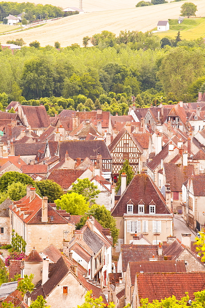 Looking down on the rooftops of Noyers sur Serein from the old chateau above the village, Yonne, Burgundy, France, Europe