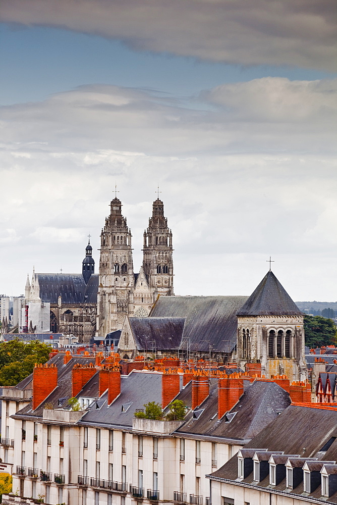 Looking across to St. Gaiten cathedral with the church of St. Julien visible across the rooftops, Tours, Indre-et-Loire, Loire Valley, Centre, France, Europe