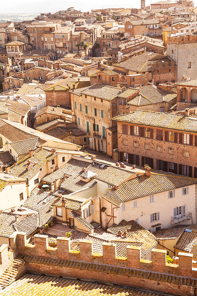 The view over the rooftops of Siena from Torre del Mangia, UNESCO World Heritage Site, Siena, Tuscany, Italy, Europe