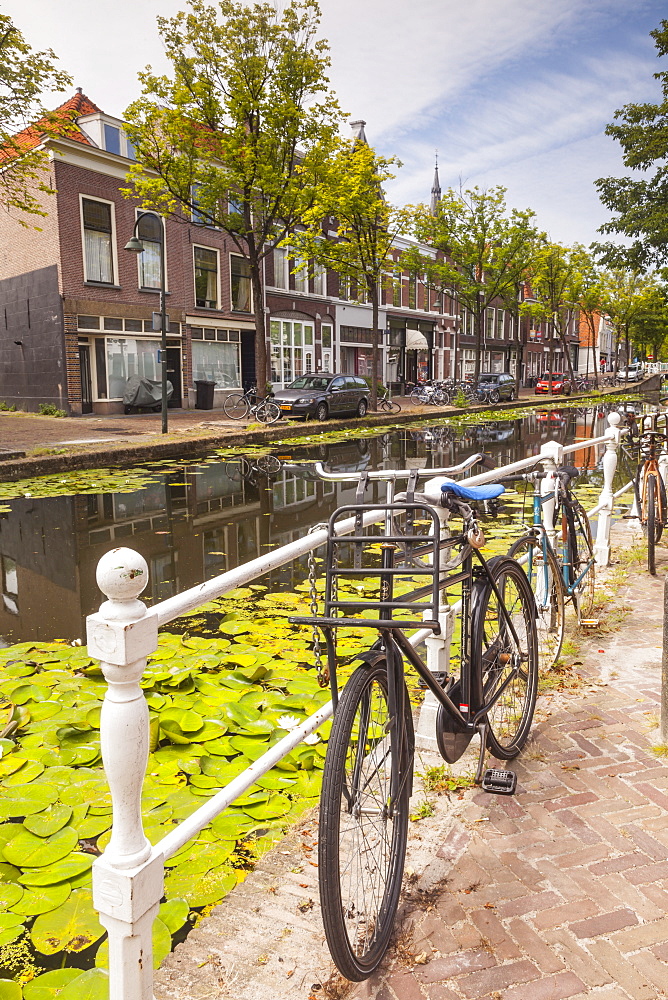 Typical house facades in the historic centre of Delft, The Netherland,s Europe