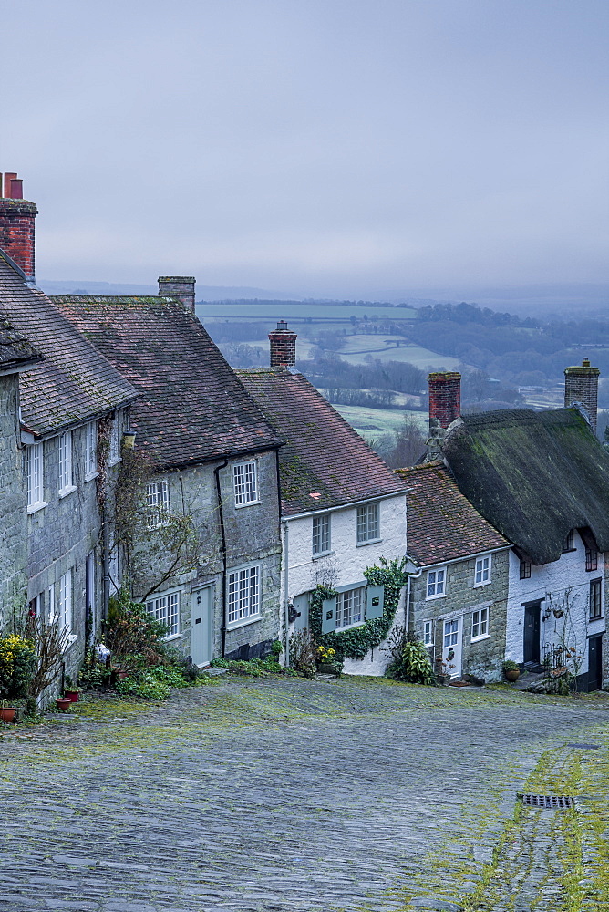 The iconic and classic view from Gold Hill in Shaftesbury, Dorset, England, United Kingdom, Europe