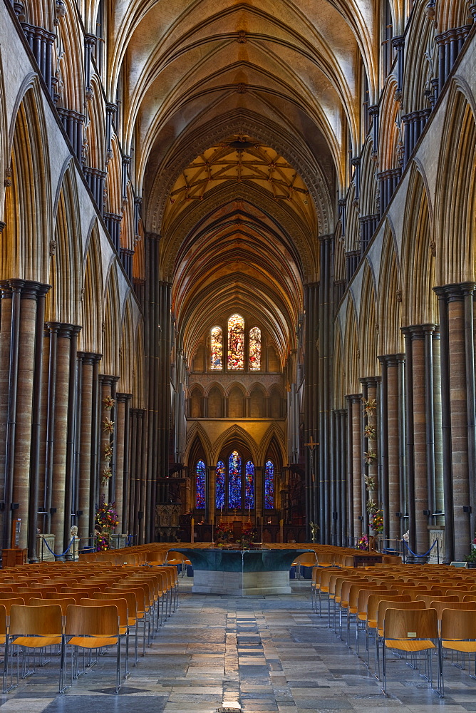 Looking down the magnificent nave of Salisbury Cathedral, Salisbury, Wiltshire, England, United Kingdom, Europe