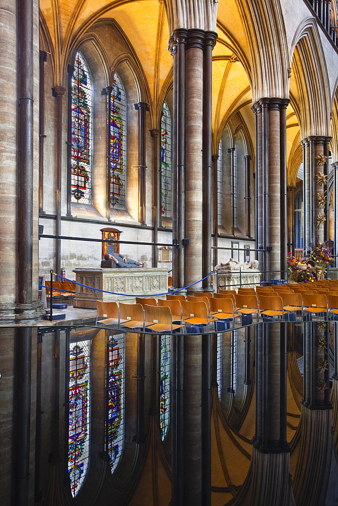 Mirrored reflections in the font of the aisle in Salisbury Cathedral, Salisbury, Wiltshire, England, United Kingdom, Europe