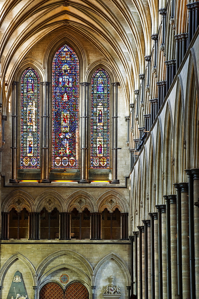 Looking down the nave of Salisbury Cathedral towards the west front, Salisbury, Wiltshire, England, United Kingdom, Europe