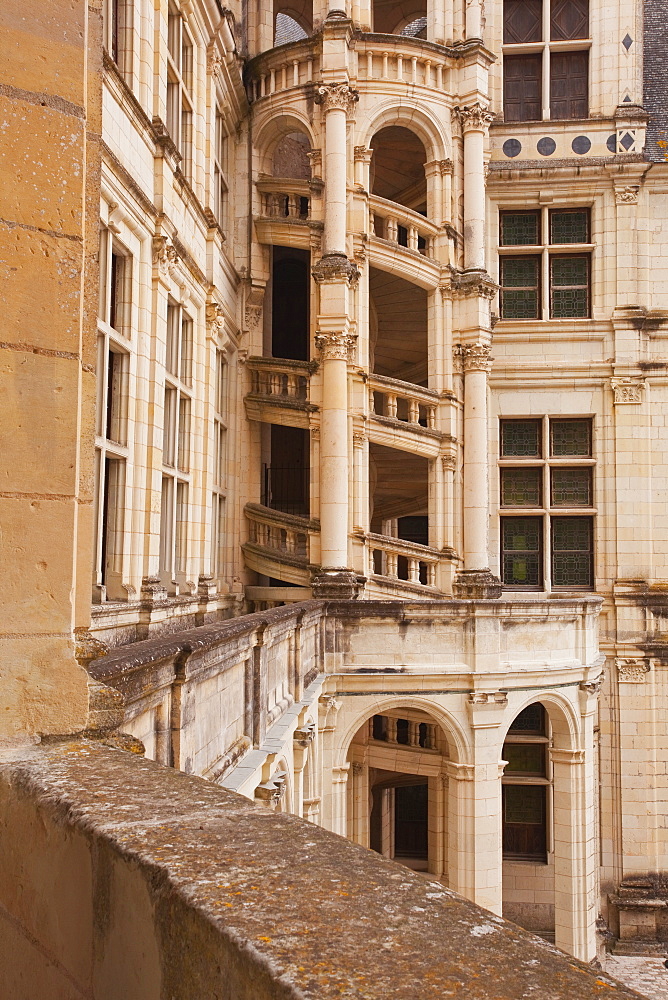 Looking towards the ornate renaissance staircase that leads towards the chambers of Francois 1er in the Chateau de Chambord, UNESCO World Heritage Site, Loir-et-Cher, Centre, France, Europe