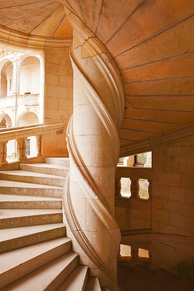 Looking at the inside of the staircase that leads up to the chambers of Francois 1er in the Chateau de Chambord, UNESCO World Heritage Site, Loir-et-Cher, Centre, France, Europe