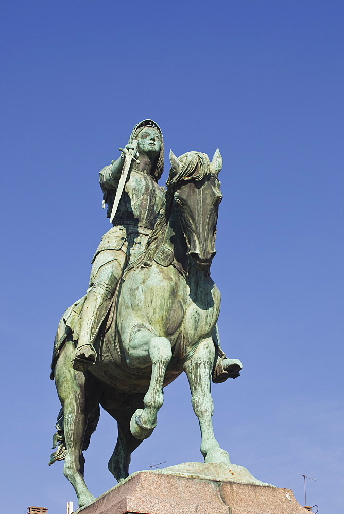 A statue of Joan of Arc riding her horse in Place du Martroi, Orleans, Loiret, France, Europe