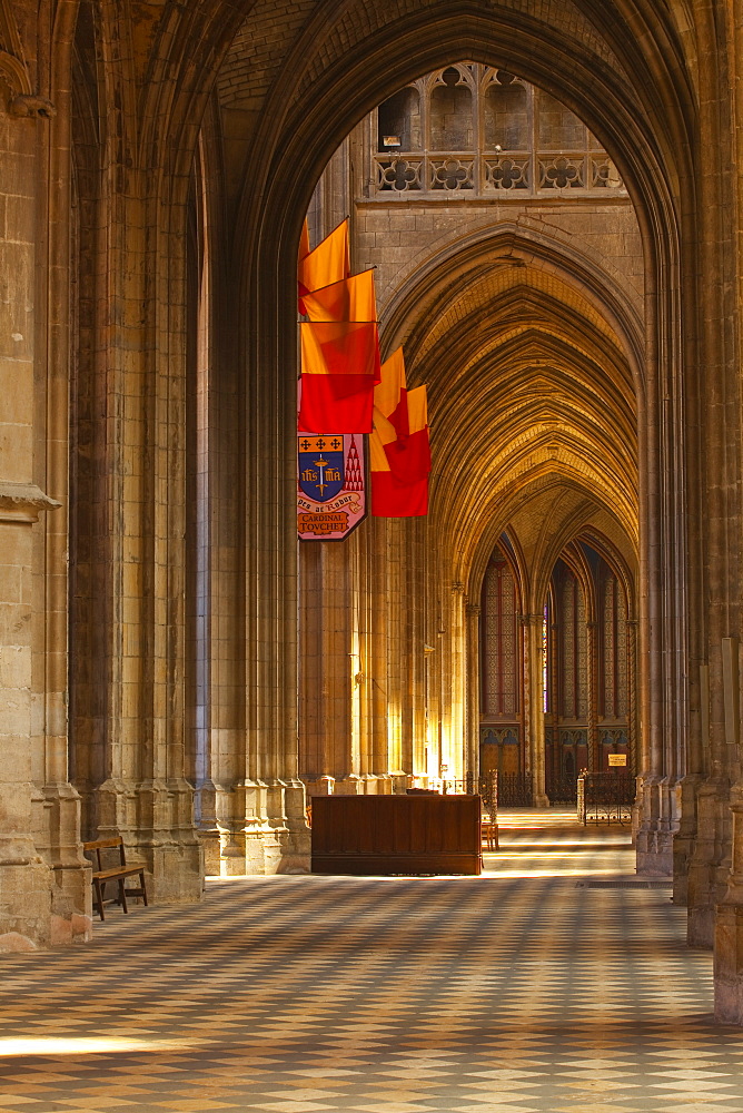 Looking down an aisle in Cathedrale Sainte Croix d'Orleans (Cathedral of Orleans), Orleans, Loiret, France, Europe