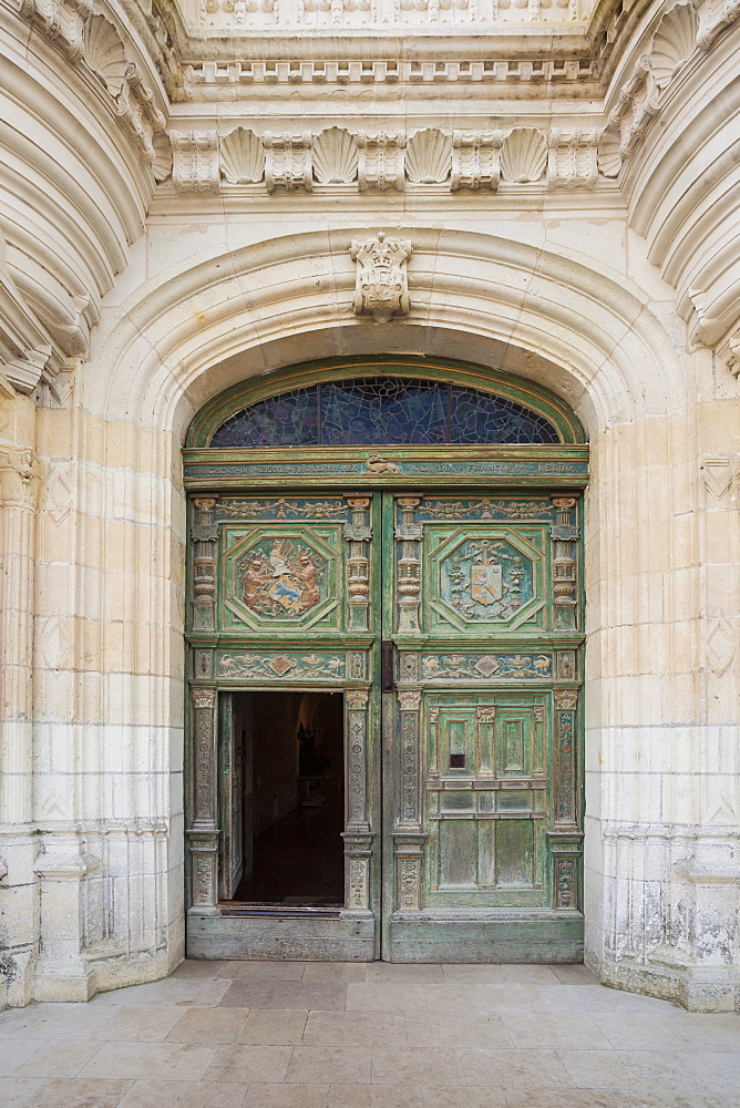 The beautifully decorated entrance door to the chateau at Chenonceau, Indre et Loire, Loire Valley, France, Europe