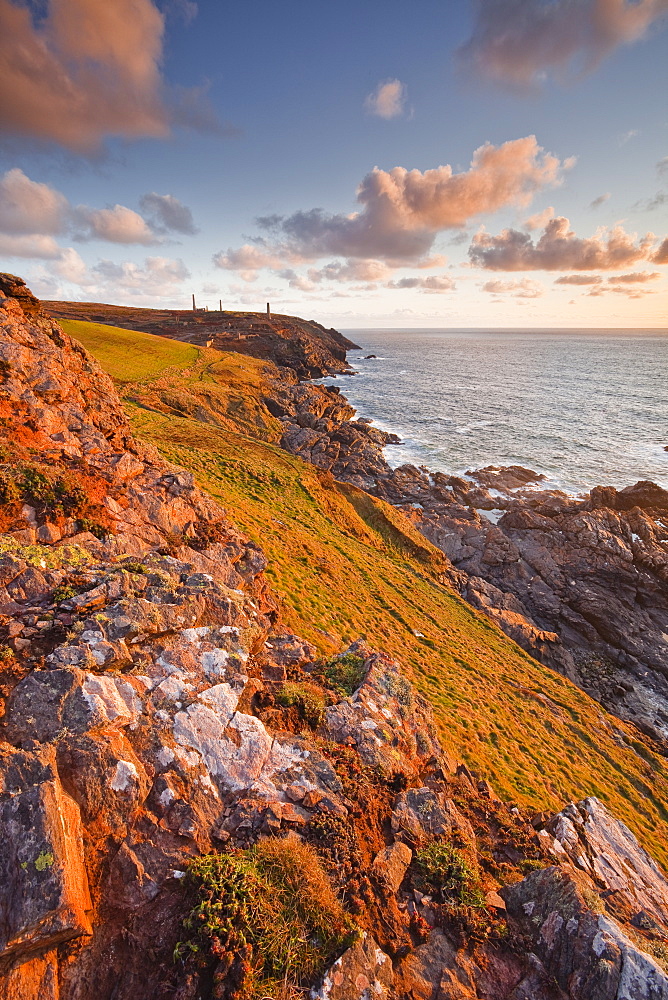 Looking down the Cornish coastline towards Geevor mine, Cornwall, England, United Kingdom, Europe