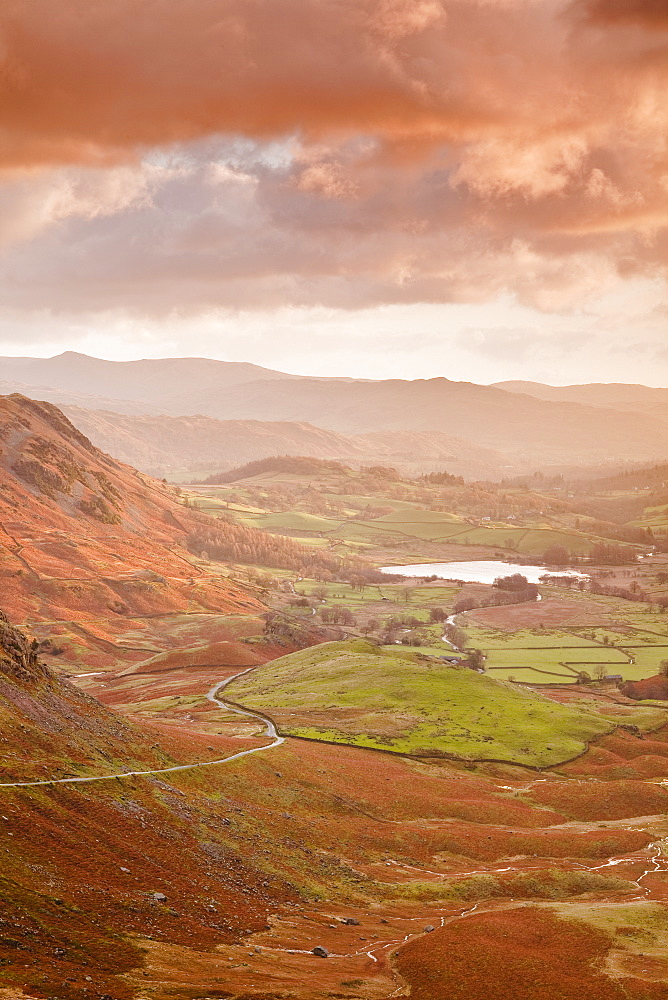 Looking down the Wrynose Pass to Little Langdale in the Lake District National Park, Cumbria, England, United Kingdom, Europe