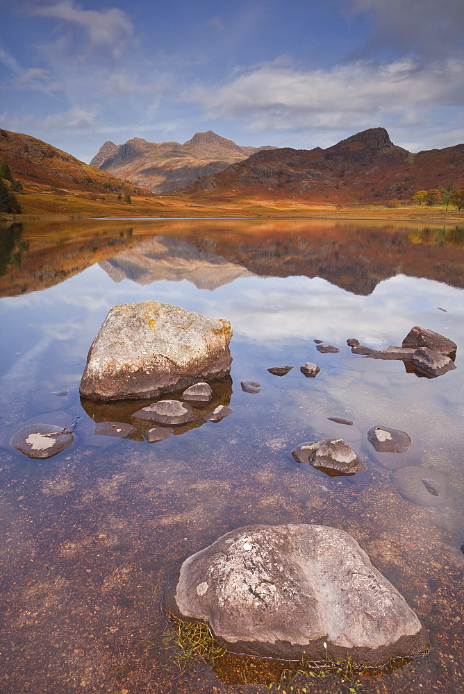 Blea Tarn and the Langdale Pikes in the Lake District National Park, Cumbria, England, United Kingdom, Europe