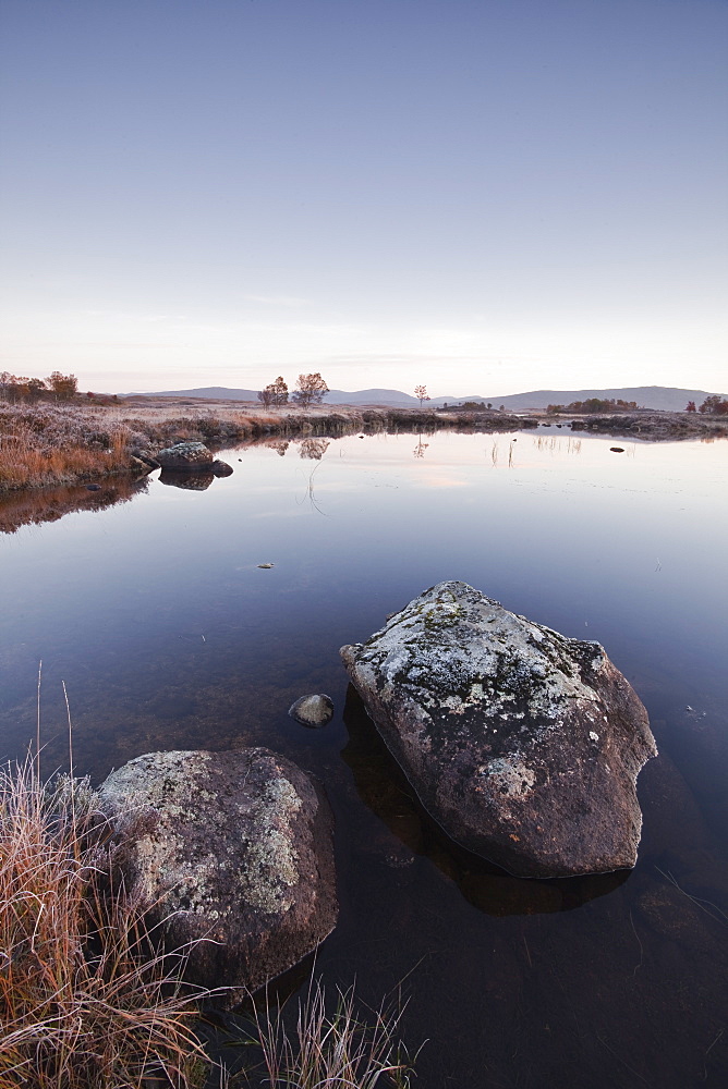 Loch Ba on a frosty morning at Rannoch Moor, a Site of Special Scientific Interest, Perth and Kinross, Highlands, Scotland, United Kingdom, Europe